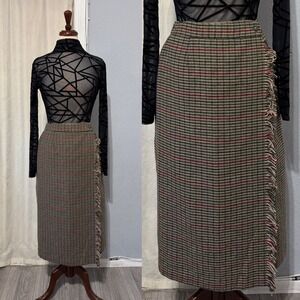 Vintage Luxury Lana Lee Plaid Wool Blend Midi‎ Skirt Sz XS Fringed Hem High Rise